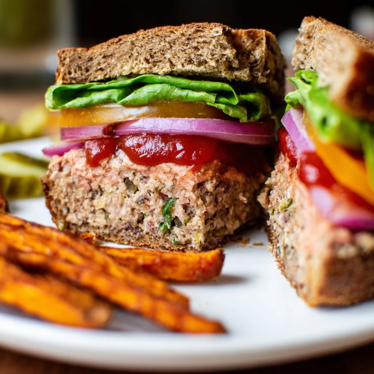 Juicy turkey burger on a toasted whole wheat bun with crisp lettuce, tomato, and red onion, served alongside golden, oven-baked sweet potato fries.
