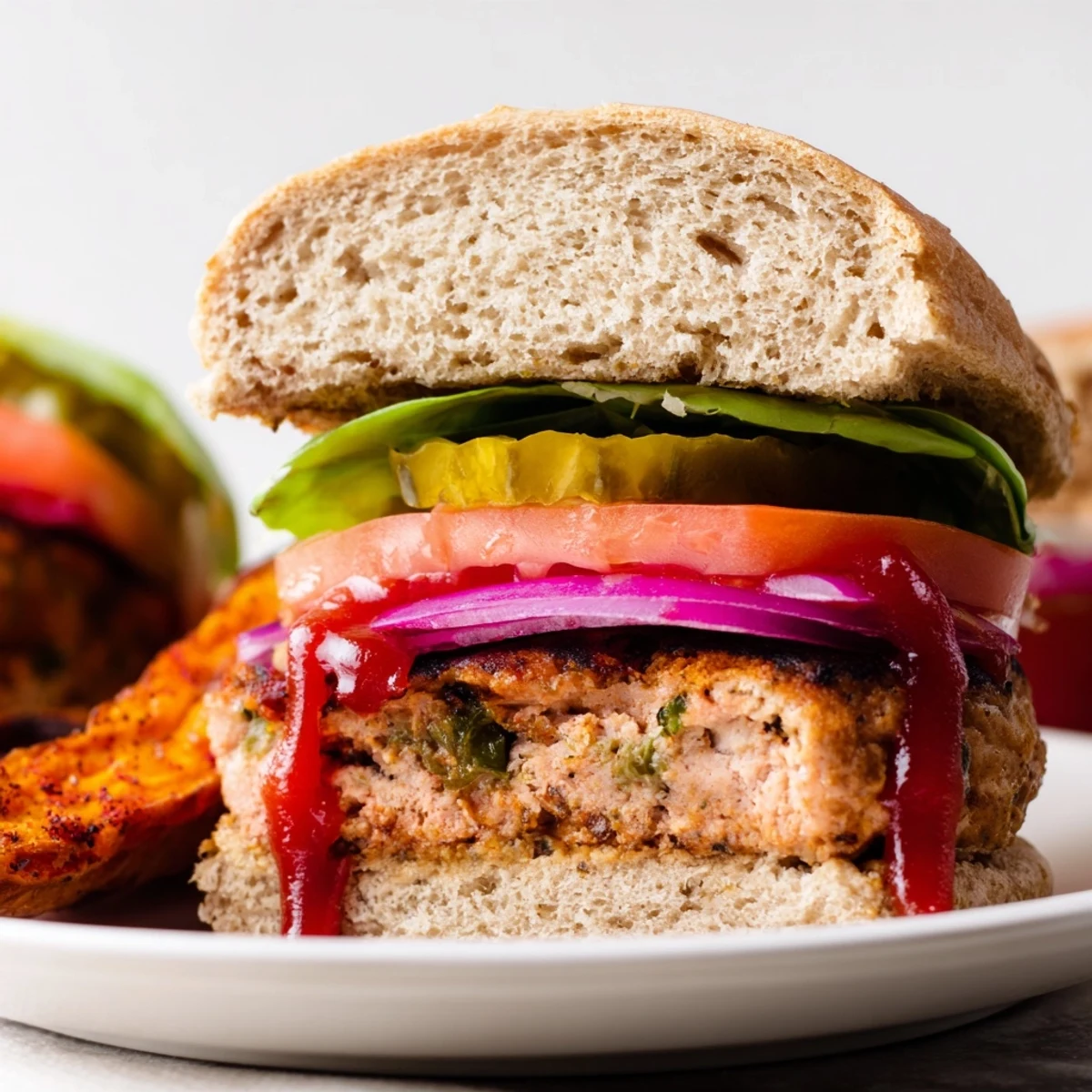 Homemade Turkey Burger with Sweet Potato Fries stacked high with pickles and condiments, golden fries dusted with smoked paprika on a rustic plate.