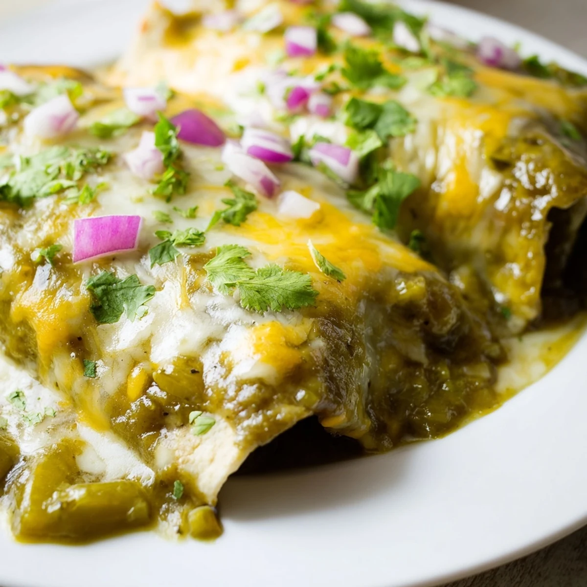Freshly baked Beef Enchiladas with Green Chili Sauce, featuring melted Monterey Jack and cheddar cheese with bubbly, golden edges.
