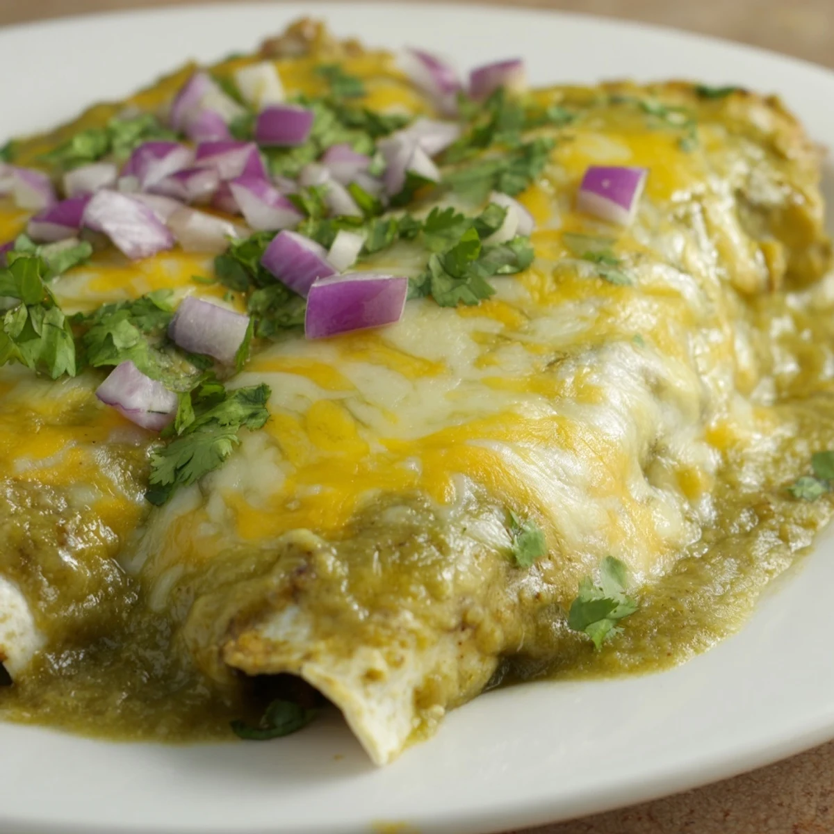 Golden-brown enchiladas topped with fresh cilantro and red onion, served with sour cream and lime wedges on a rustic table.
