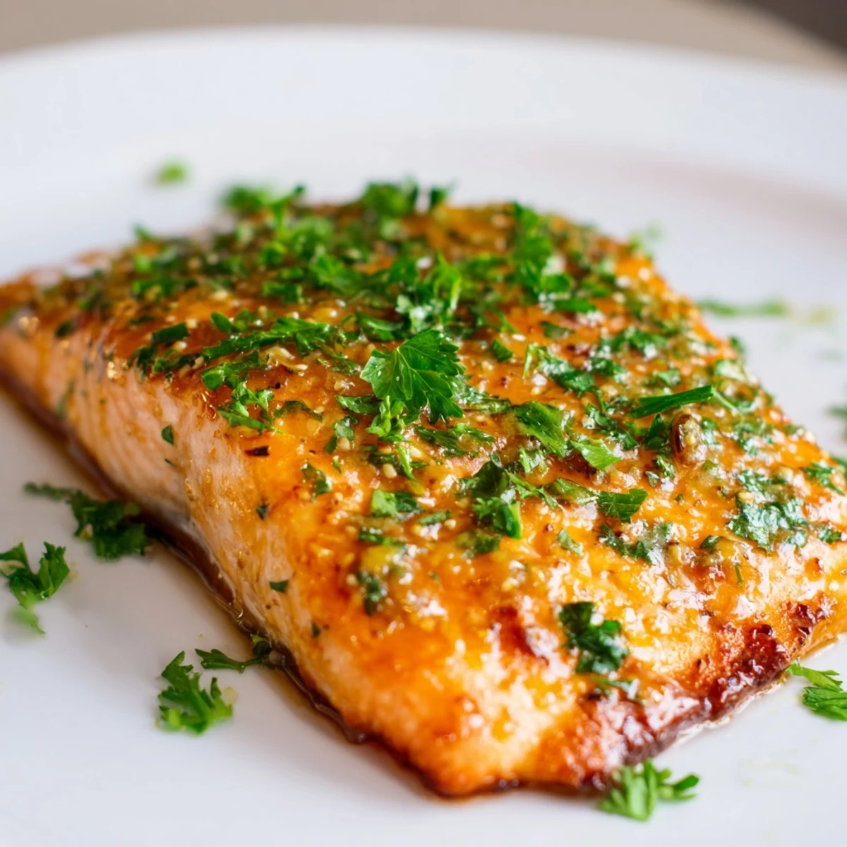 Golden Baked Salmon with Honey Mustard Glaze served with roasted vegetables on a rustic wooden table.