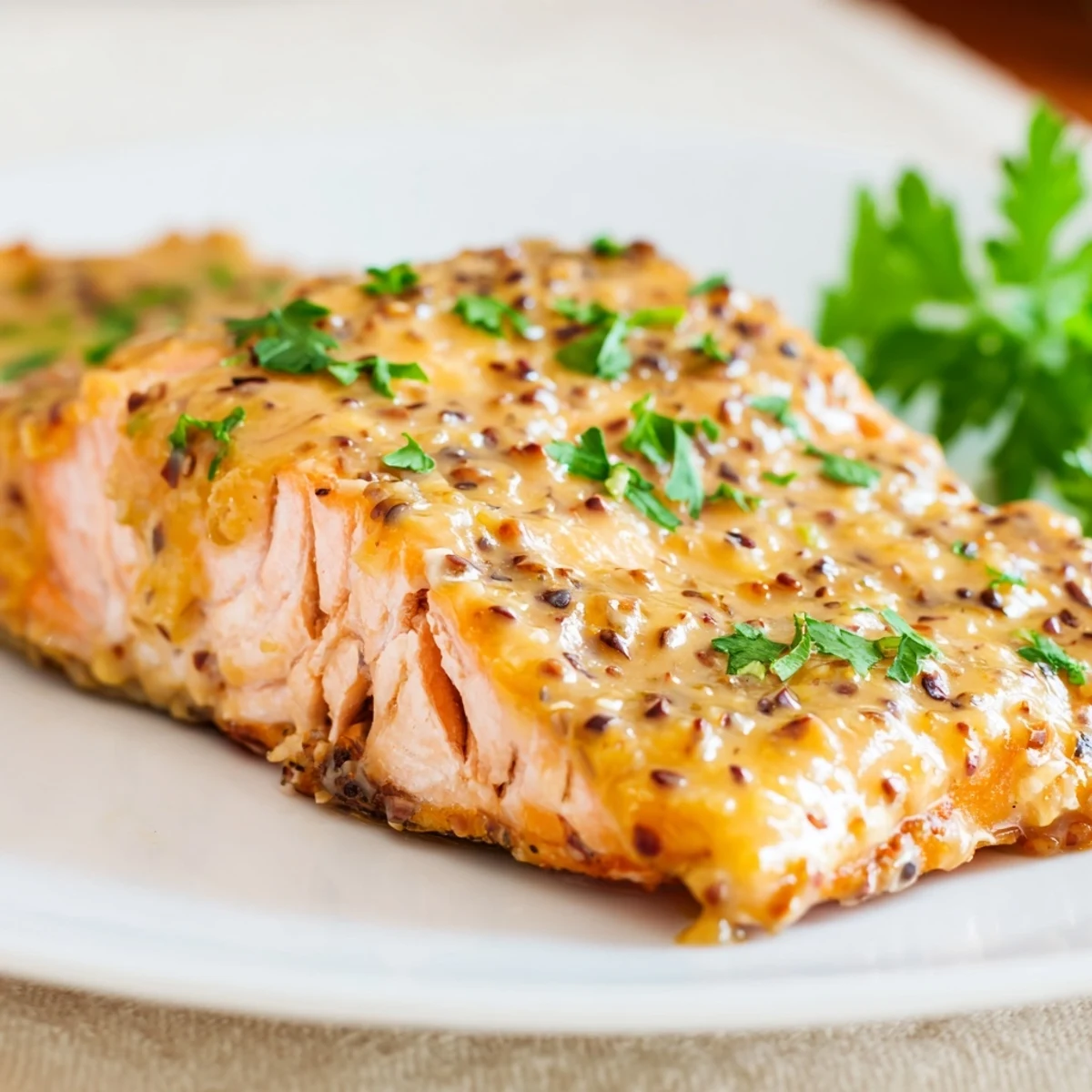 Flaky Baked Salmon with Honey Mustard Glaze topped with fresh herbs and lemon wedges, ready to serve.