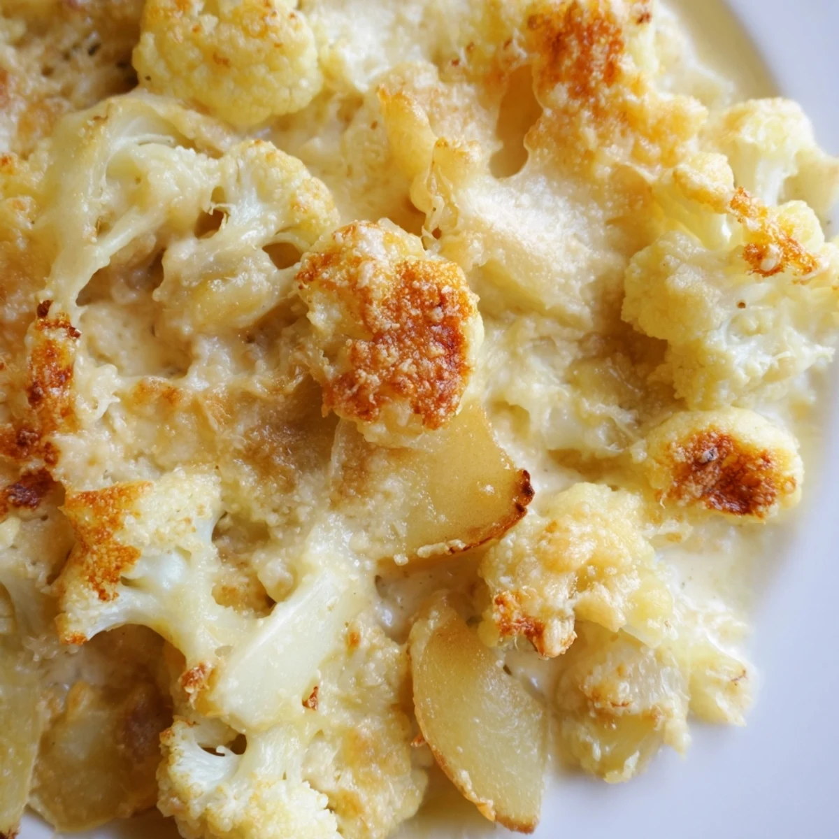 Golden-brown Cheesy Cauliflower and Potato Gratin bubbling from the oven, featuring a creamy Gruyère sauce and crispy breadcrumbs on top.