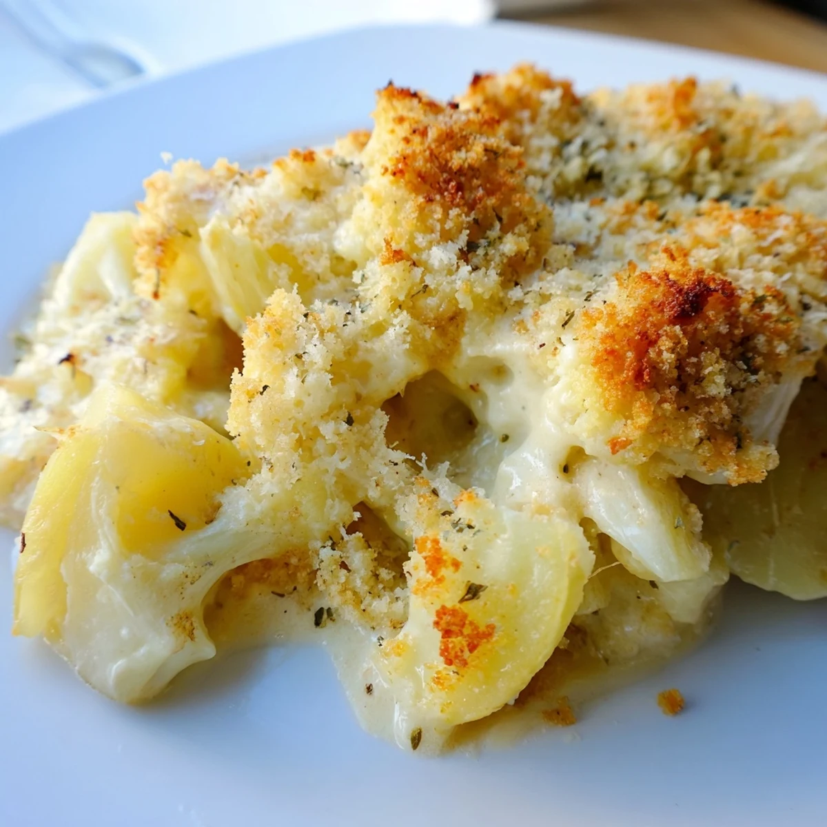 Comforting Cheesy Cauliflower and Potato Gratin plated alongside a fresh green salad, perfect for a vegetarian main course or side.