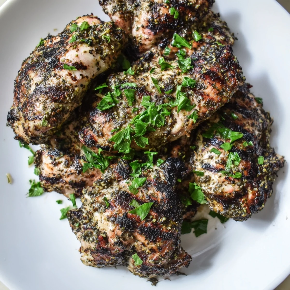 Grilled Chicken Thighs with Zaatar and Sumac rest on a platter, garnished with fresh parsley and lemon wedges.