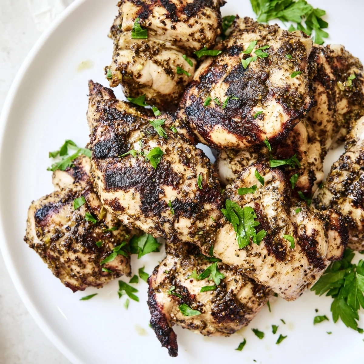 A serving of Grilled Chicken Thighs with Zaatar and Sumac on a plate, paired with rice and a fresh salad.