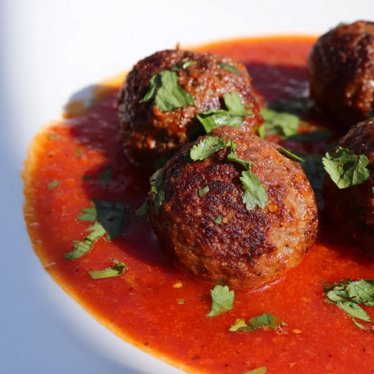 Tender Spicy Lamb Merguez Meatballs in Tomato Sauce simmering in a skillet, ready to serve over fluffy couscous.
