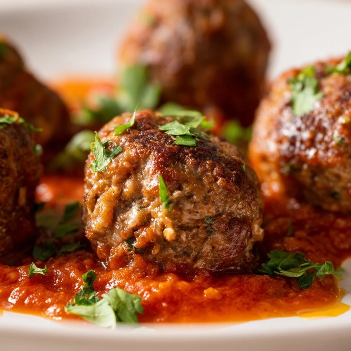 Golden-brown Spicy Lamb Merguez Meatballs in Tomato Sauce garnished with fresh cilantro, paired with crusty artisan bread for dipping.