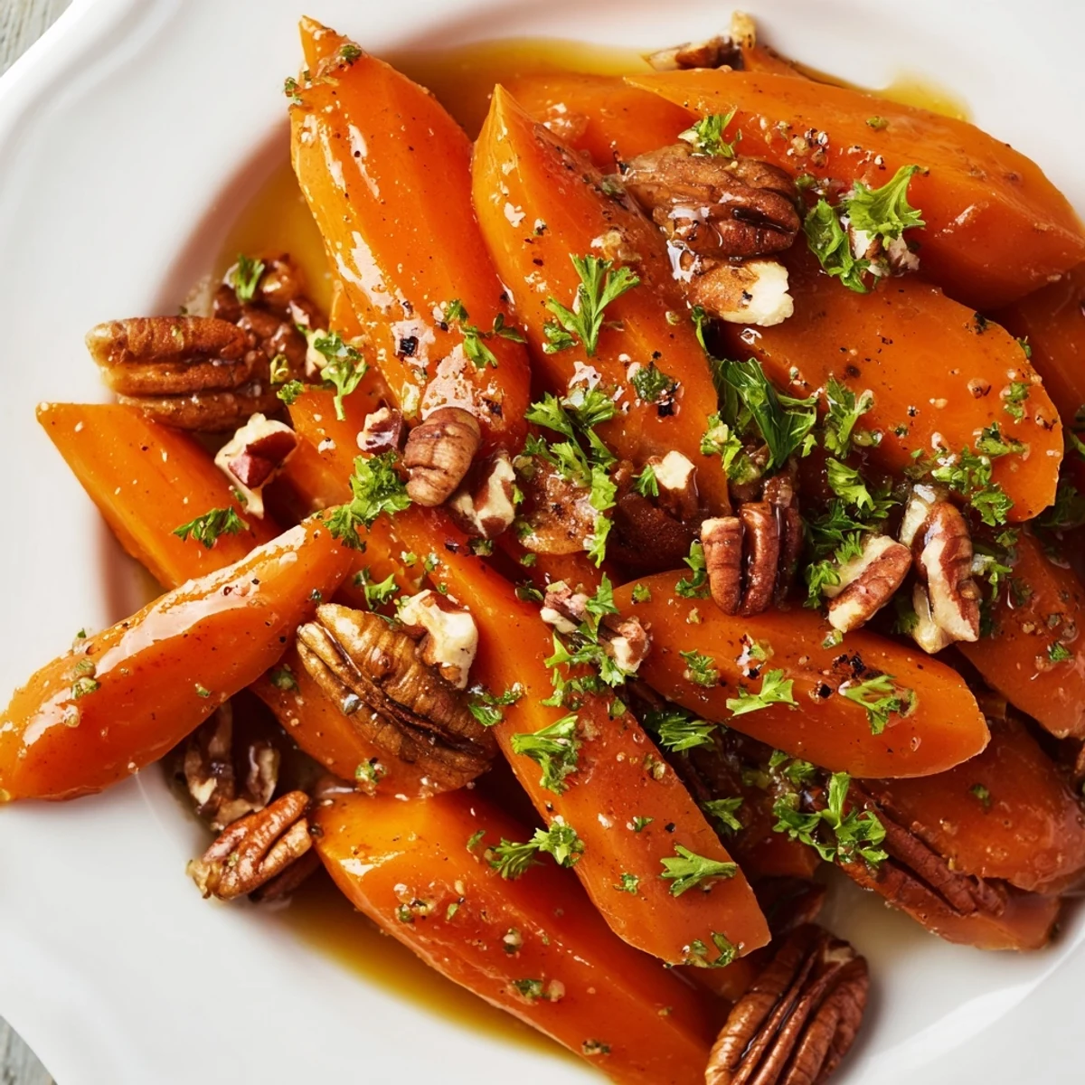 Freshly boiled carrot slices tossed in a buttery maple glaze and topped with toasted pecans in a skillet.