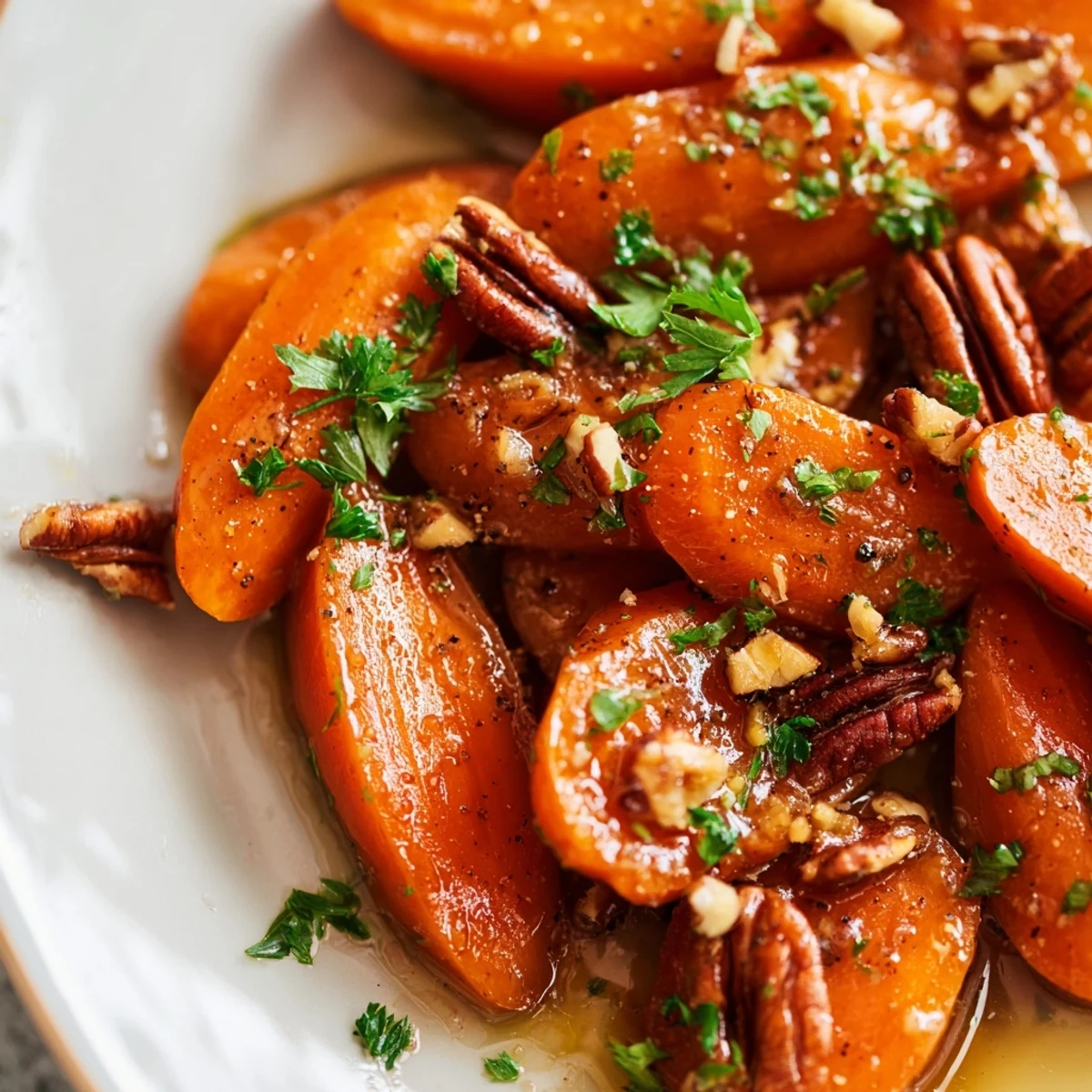Sweet and nutty Glazed Carrots with Maple and Pecans glistening in a serving dish, garnished with fresh parsley.