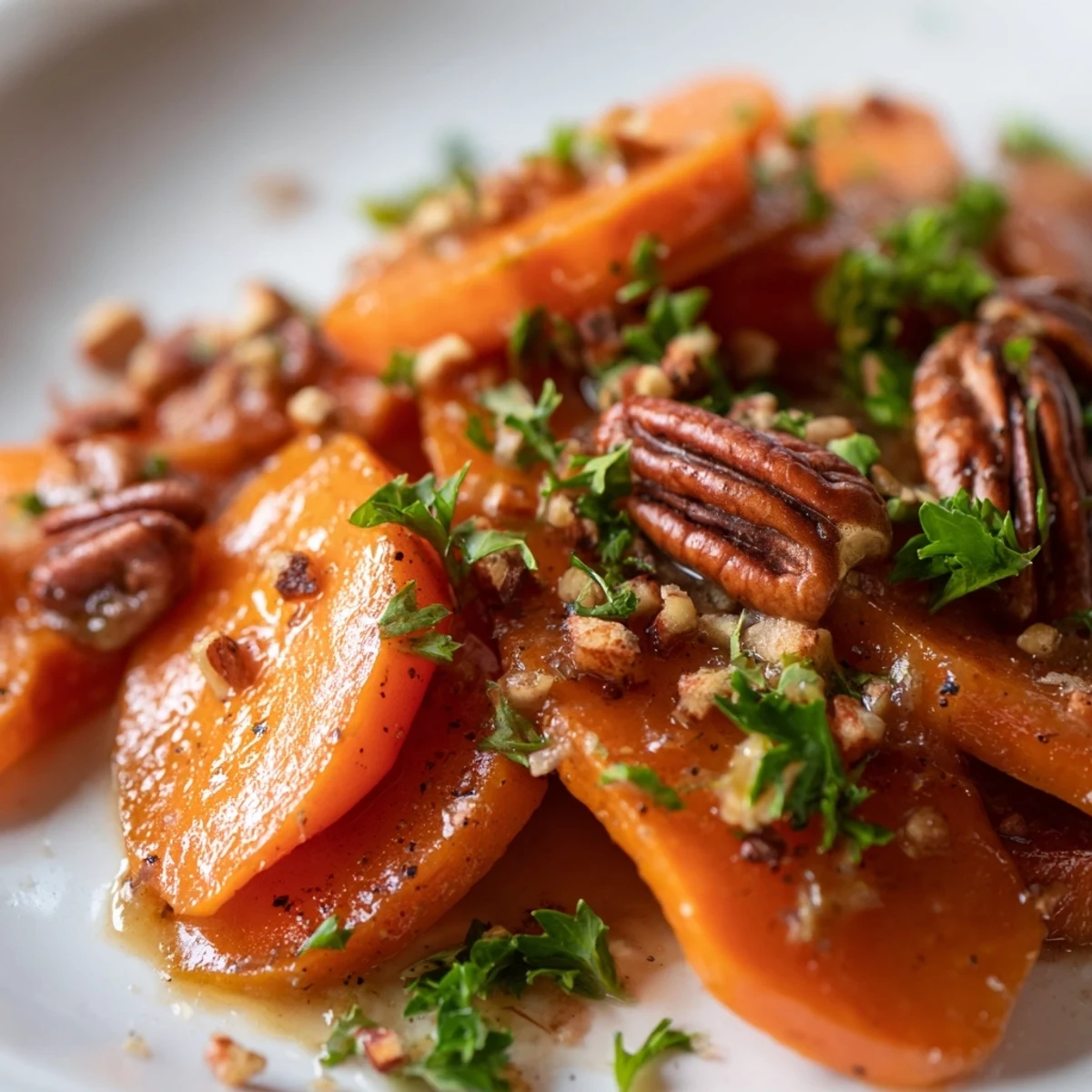 Golden brown Glazed Carrots with Maple and Pecans plated alongside a juicy roasted chicken breast for a family dinner.