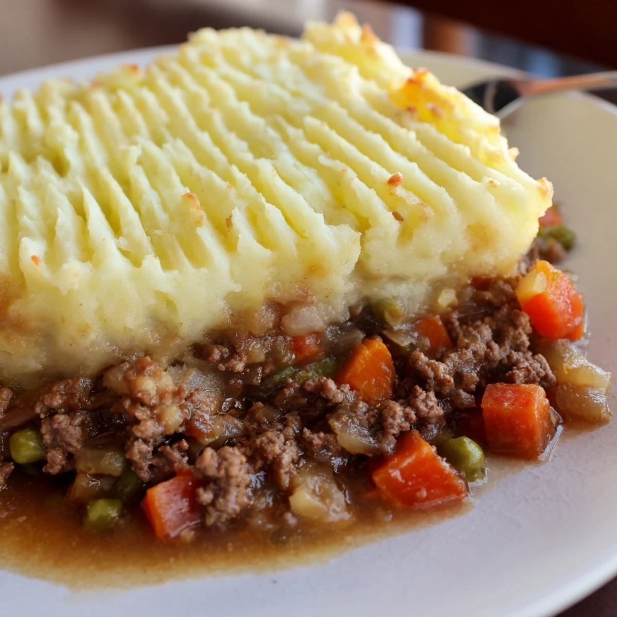 A close-up view of Classic Beef Cottage Pie with golden, fork-marked mashed potatoes and steam rising from the rich beef filling.