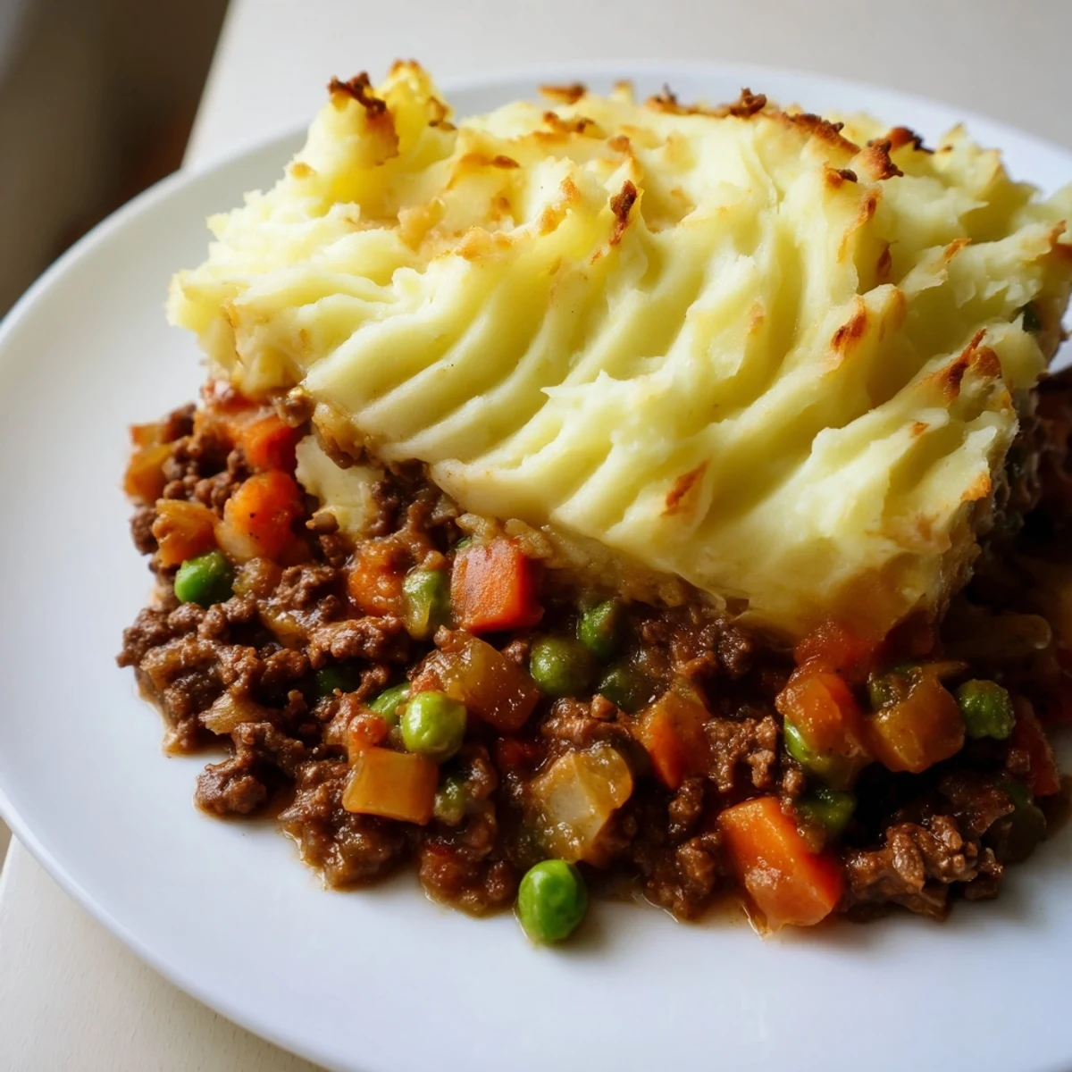Bubbling Classic Beef Cottage Pie emerges from the oven with a crisp, golden-brown mash topping in a ceramic baking dish.