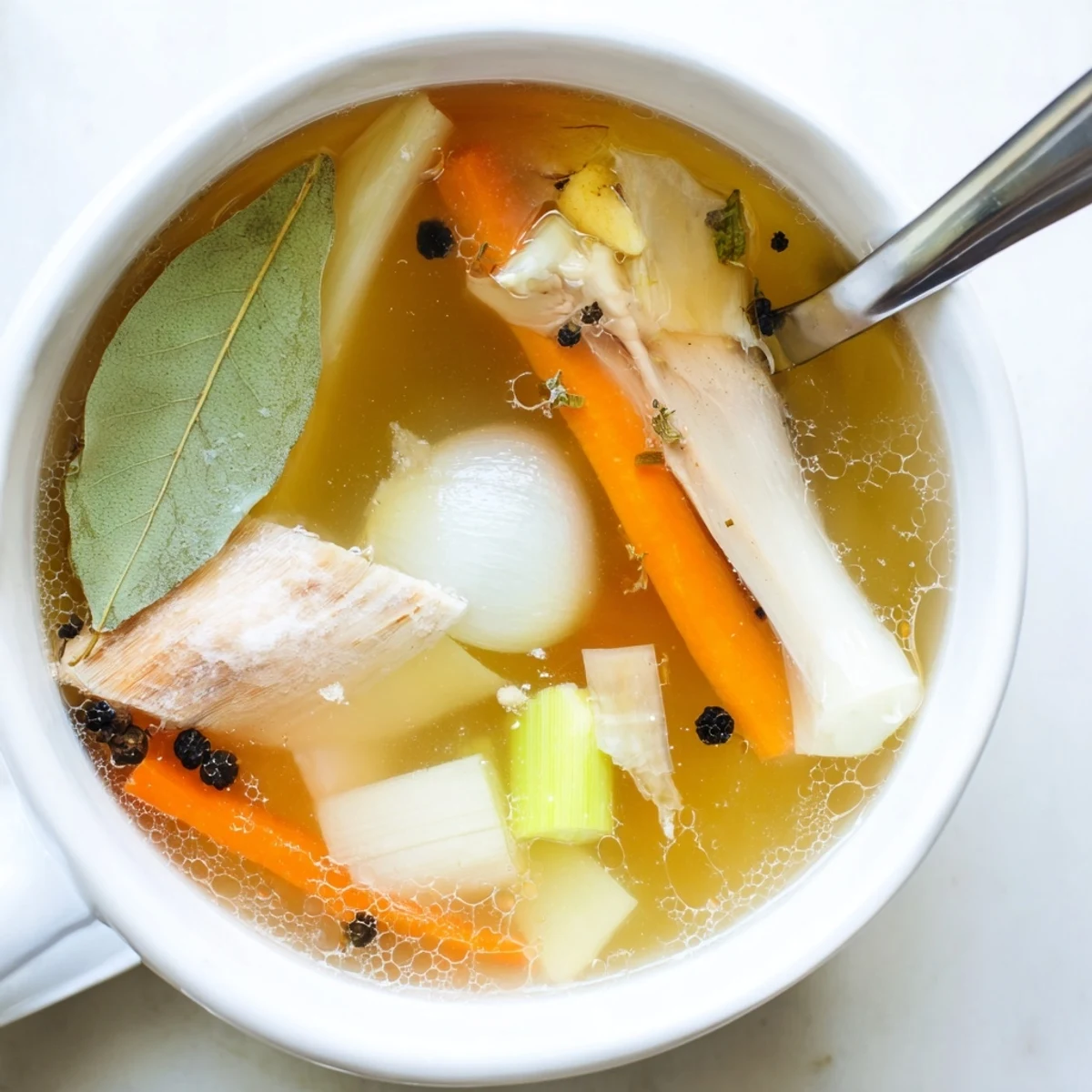 Homemade Chicken Bone Broth with Ginger simmers aromatically with fresh ginger slices and vegetables in a large stockpot. 