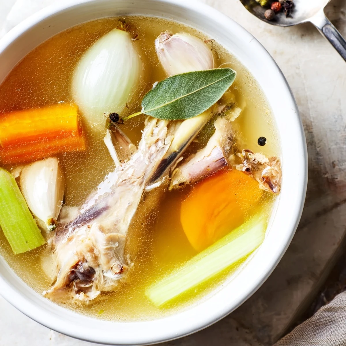A golden cup of Homemade Chicken Bone Broth with Ginger beside fresh ginger, parsley, and steaming vapor. 