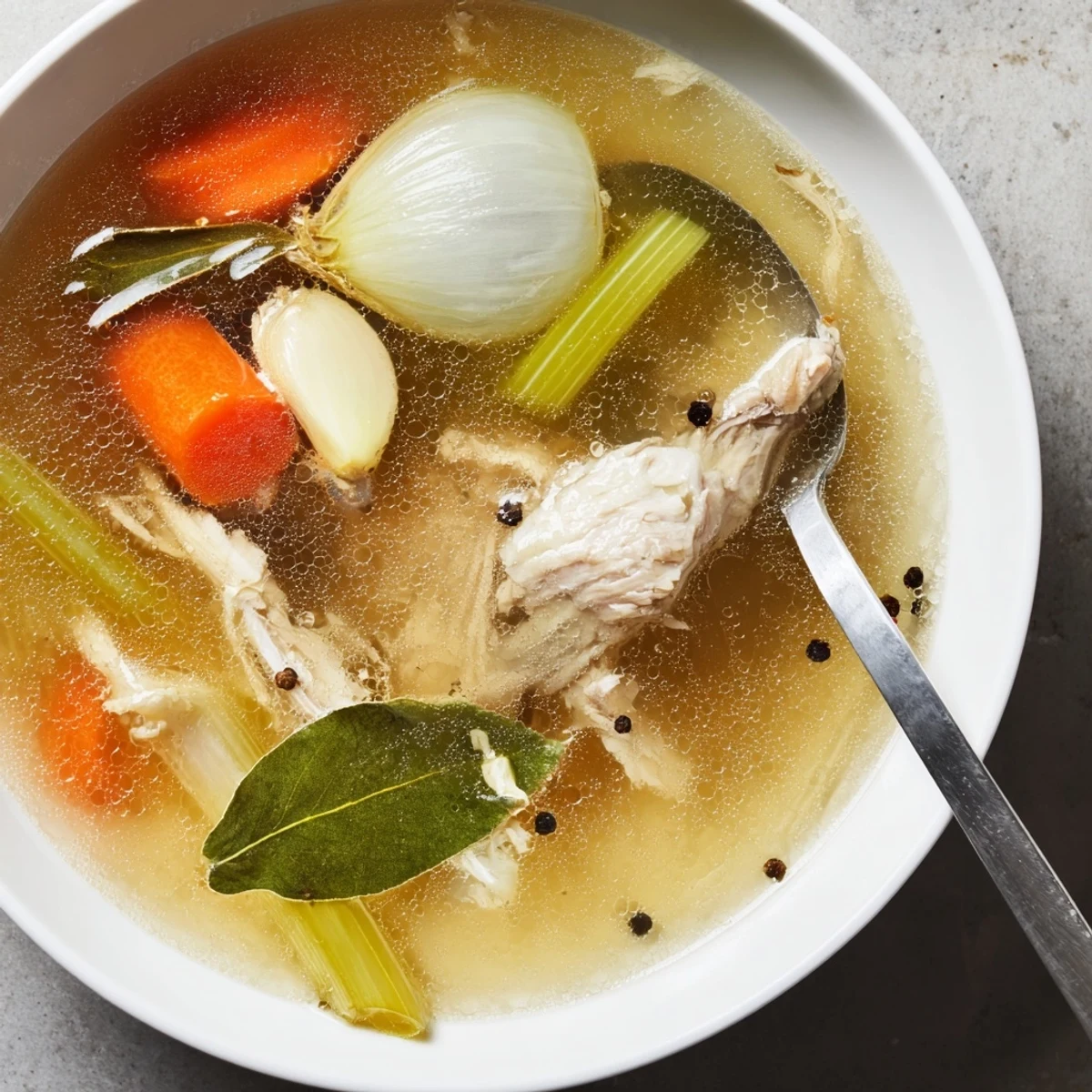 Straining Homemade Chicken Bone Broth with Ginger through cheesecloth into a clear glass bowl ready to store.