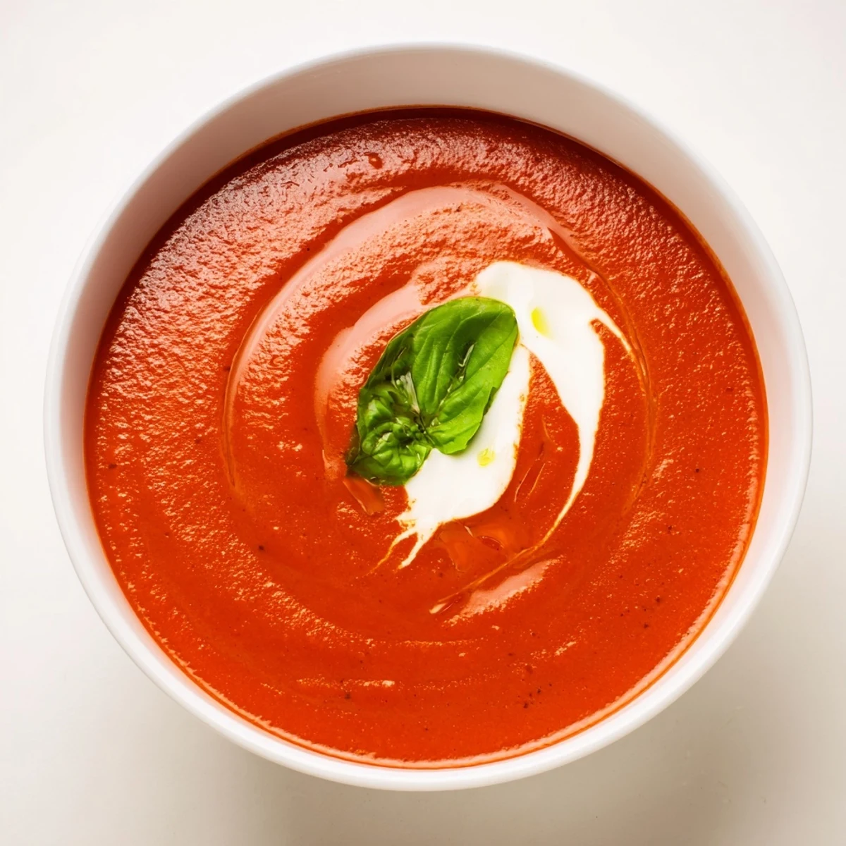 Golden-orange Smoky Roasted Tomato and Basil Soup in a white bowl, garnished with fresh basil and a swirl of cream. 