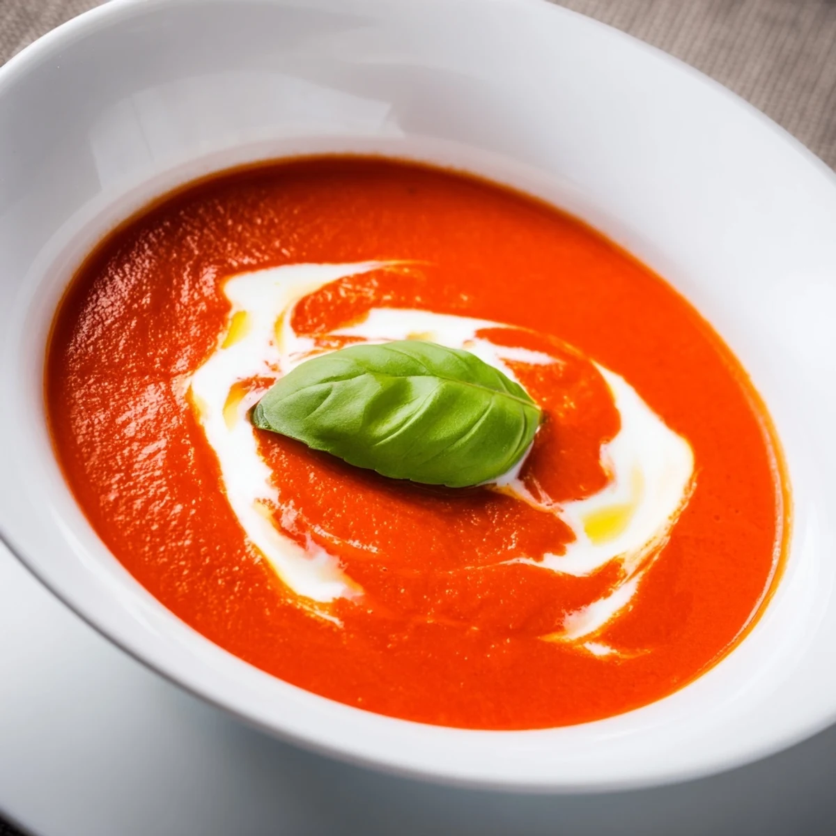 A close-up of Smoky Roasted Tomato and Basil Soup with charred tomatoes, fresh basil ribbons, and crusty bread for dipping. 