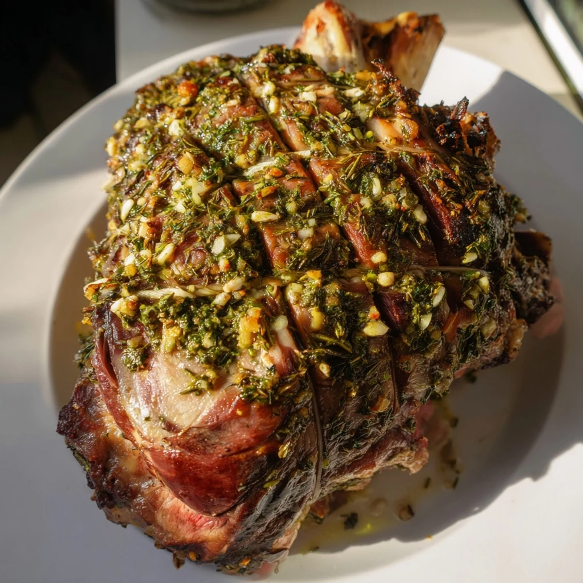 Golden, crispy skin and tender shredded meat on Garlic Herb Roasted Lamb Shoulder, garnished with fresh herbs and lemon wedges.