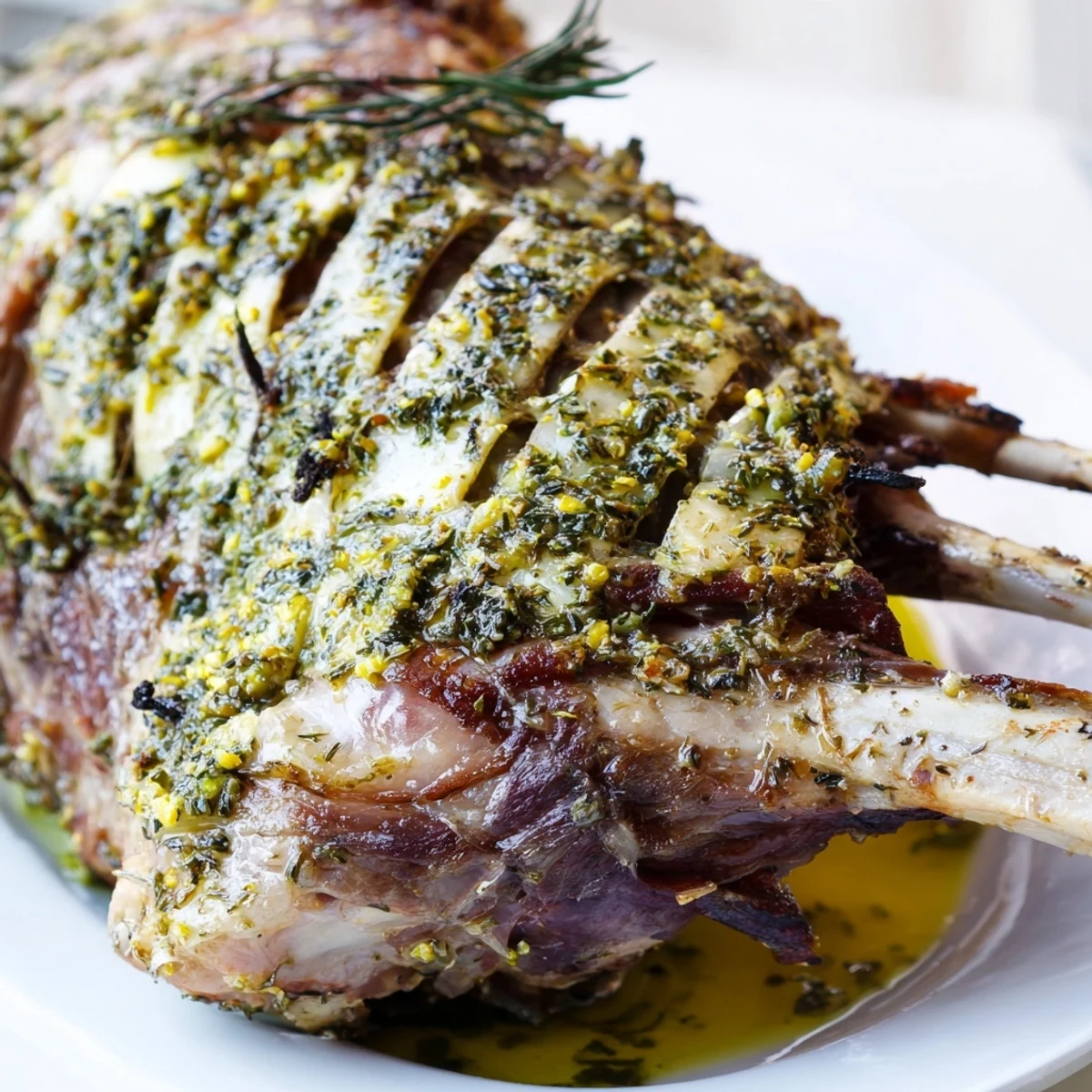 A fully roasted Garlic Herb Roasted Lamb Shoulder surrounded by caramelized carrots, onions, and celery on a rustic serving platter.