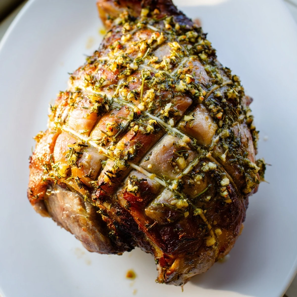 Resting on a platter, Garlic Herb Roasted Lamb Shoulder releases aromatic steam, paired with roasted vegetables and fresh herbs.