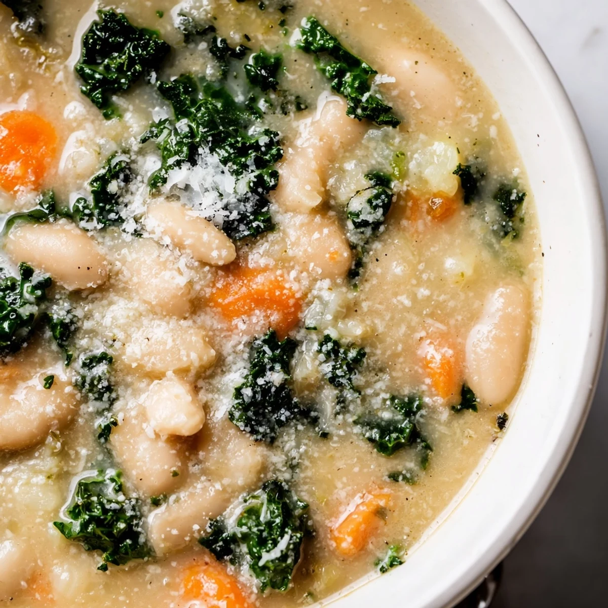 Creamy White Bean and Kale Tuscany Soup in a rustic bowl with melted Parmesan and a lemon wedge. A steaming, comforting Italian-inspired dinner.