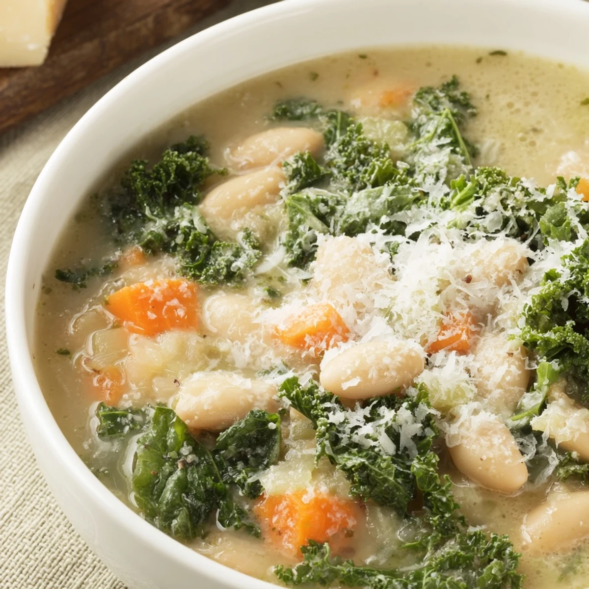 Rustic Italian Creamy White Bean and Kale Tuscany Soup served with crusty artisan bread for dipping. Perfect for a cozy vegetarian meal.