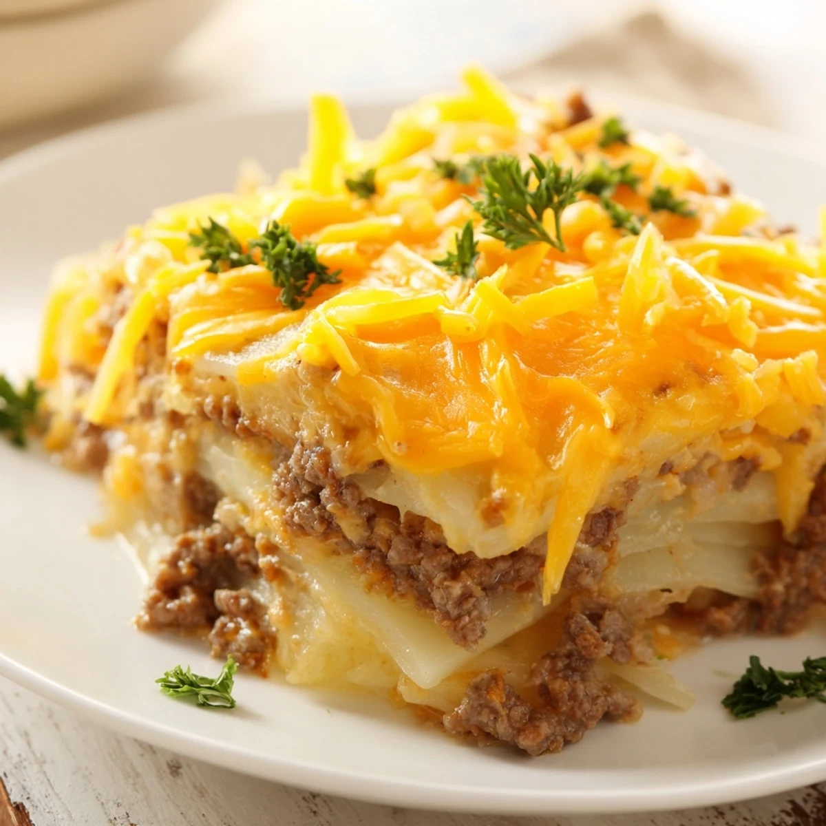 Golden melted cheddar blankets this Beef and Potato Casserole with Cheese, fresh from the oven. 