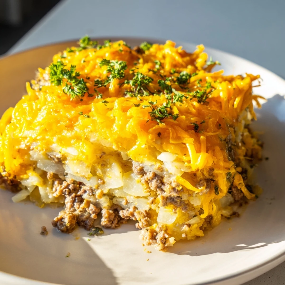 Sizzling ground beef and savory spices are layered with sliced potatoes and cheese in a casserole dish.
