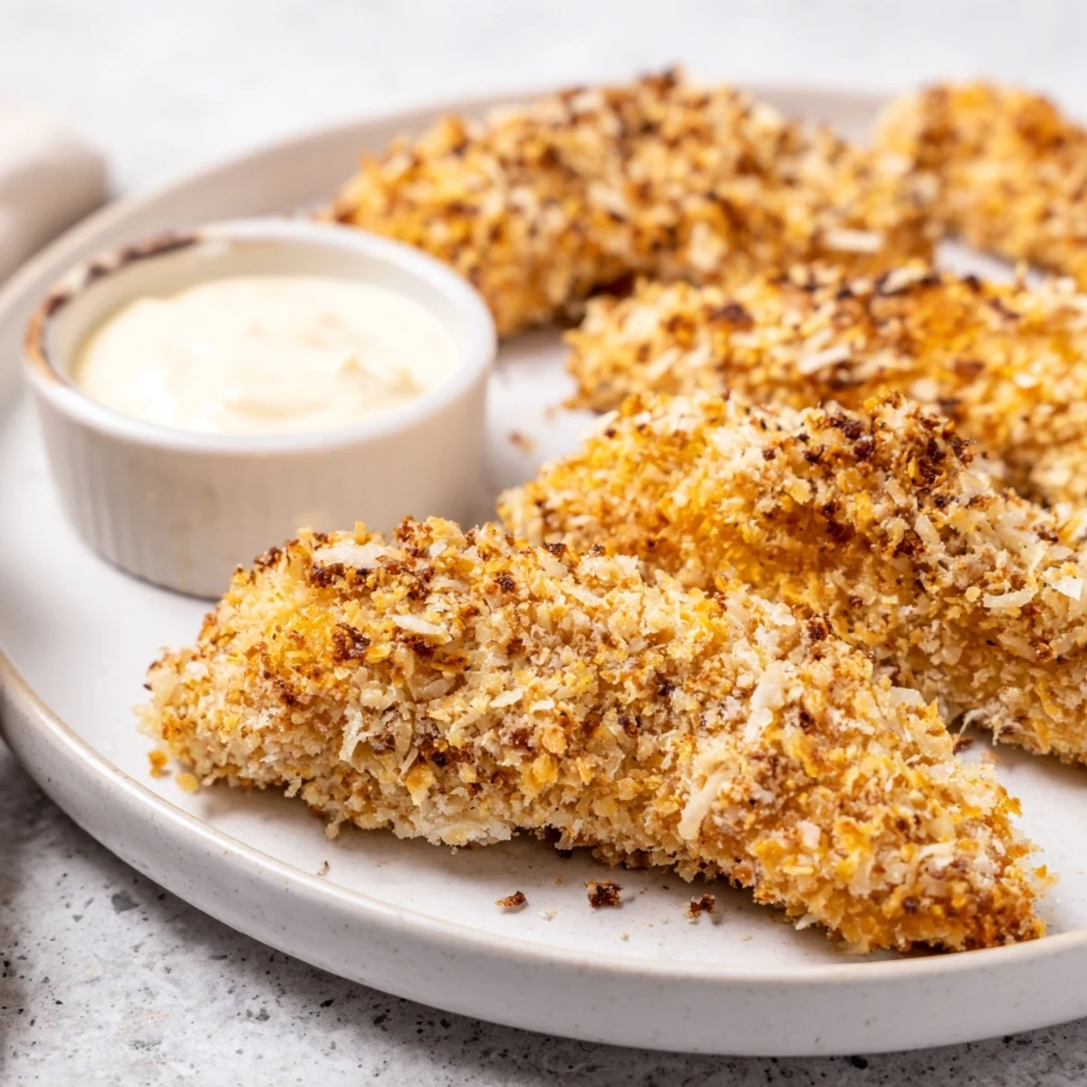 Crunchy baked chicken tenders coated in Parmesan and breadcrumbs, paired with a tangy dipping sauce.  