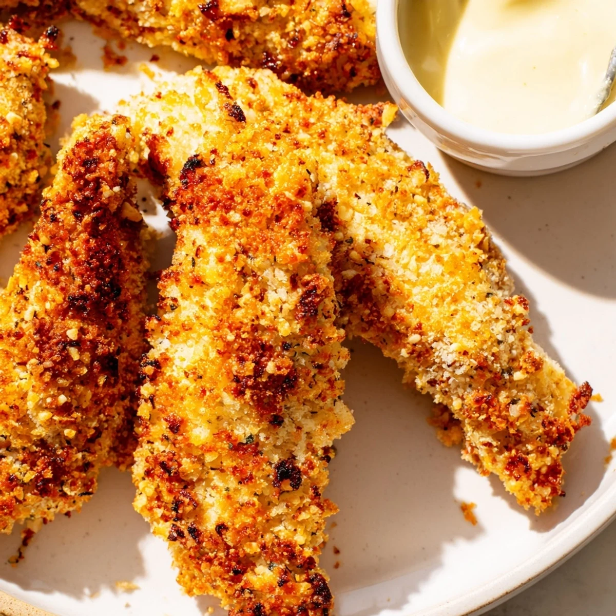 Family-friendly baked Parmesan chicken tenders, golden and crispy, served with a homemade dipping sauce.