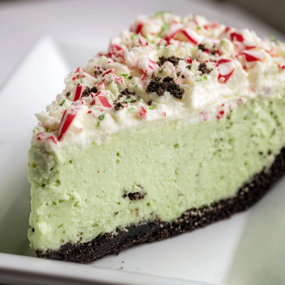 Close-up view of a Peppermint Cheesecake with Oreo Crust, showcasing a smooth, velvety texture with festive red and white peppermint candy garnish and dark chocolate cookie crumbs.