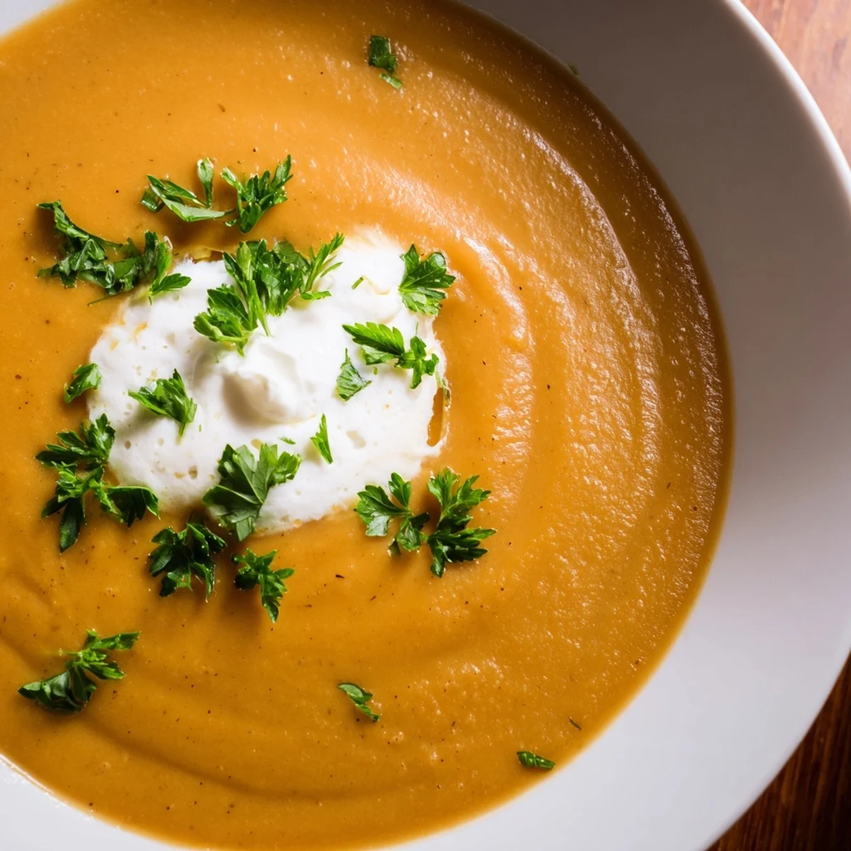 Creamy Roasted Root Vegetable Soup with Parsnip is garnished with fresh parsley and a dollop of crème fraîche.