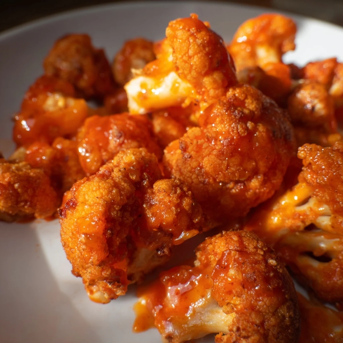 Golden brown Air Fryer Buffalo Cauliflower Bites drizzled with tangy ranch and served with crisp celery sticks.