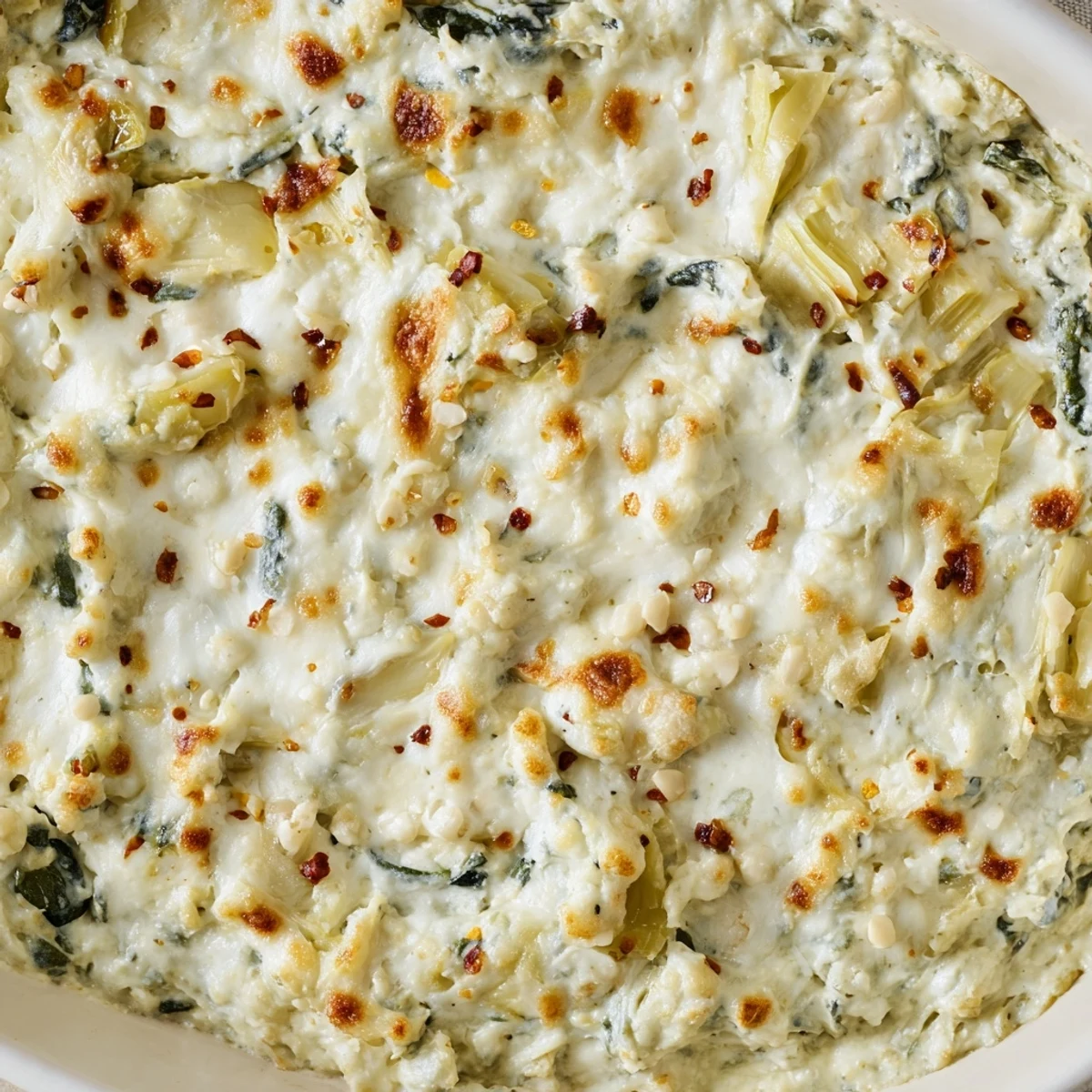 Freshly baked Cheesy Spinach and Artichoke Dip emerges golden and bubbly, paired with crisp, olive-oil-brushed baguette slices for dipping.