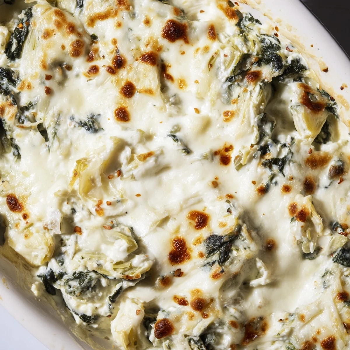 Party-ready Cheesy Spinach and Artichoke Dip sits beside golden baguette toasts, inviting guests to scoop the warm, savory appetizer.