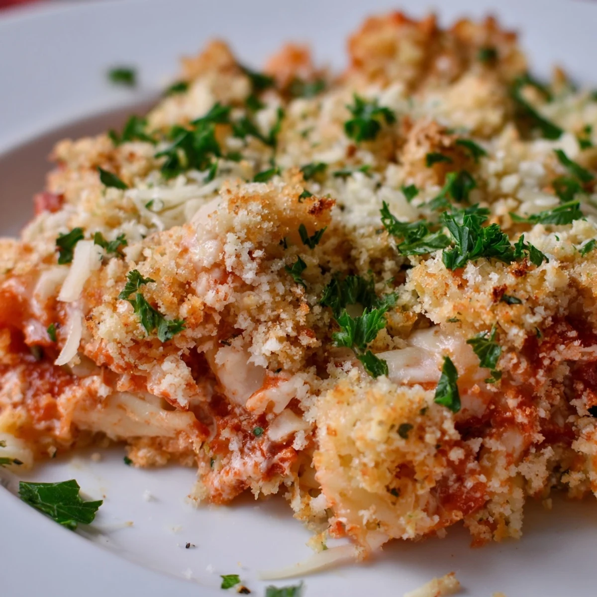 Golden brown Chicken Parmesan Casserole with Marinara bubbling from the oven, served in a white dish.