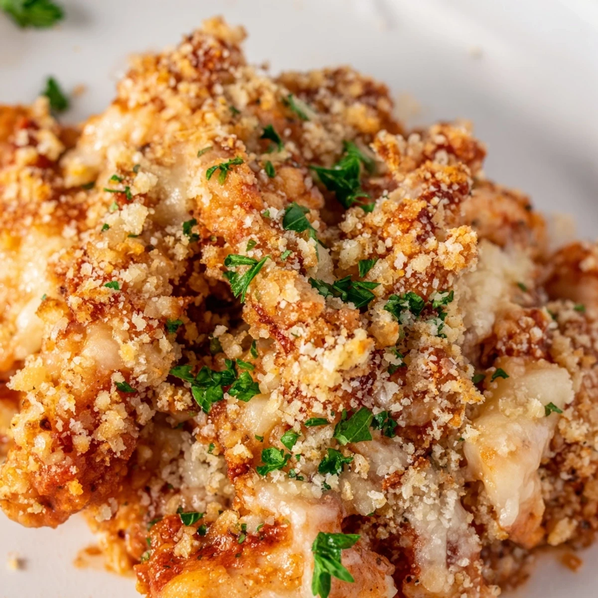 A bubbling pan of Chicken Parmesan Casserole with Marinara, garnished with fresh parsley for a family dinner.
