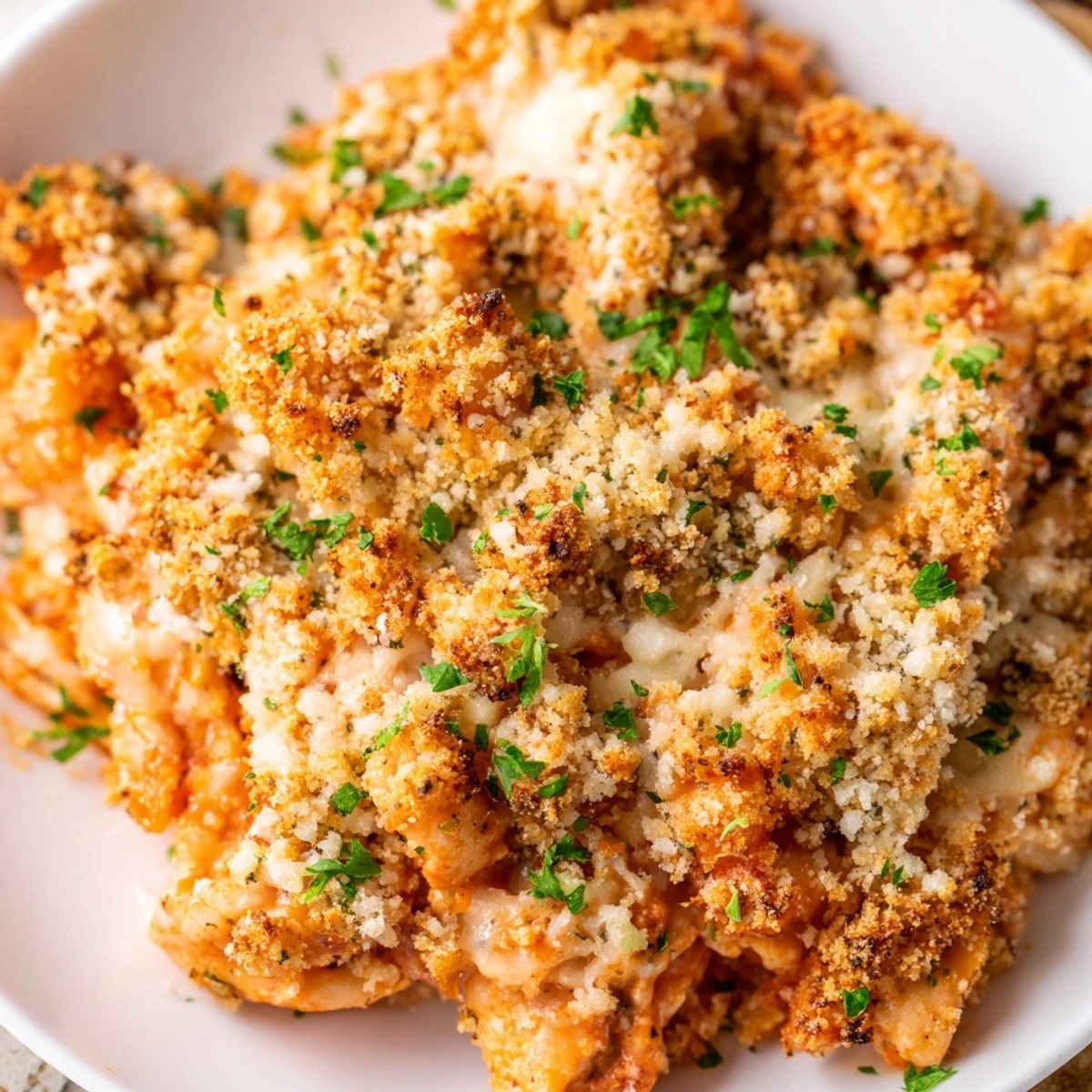 Juicy chicken pieces coated in rich marinara sauce, topped with melty mozzarella and crispy breadcrumbs.