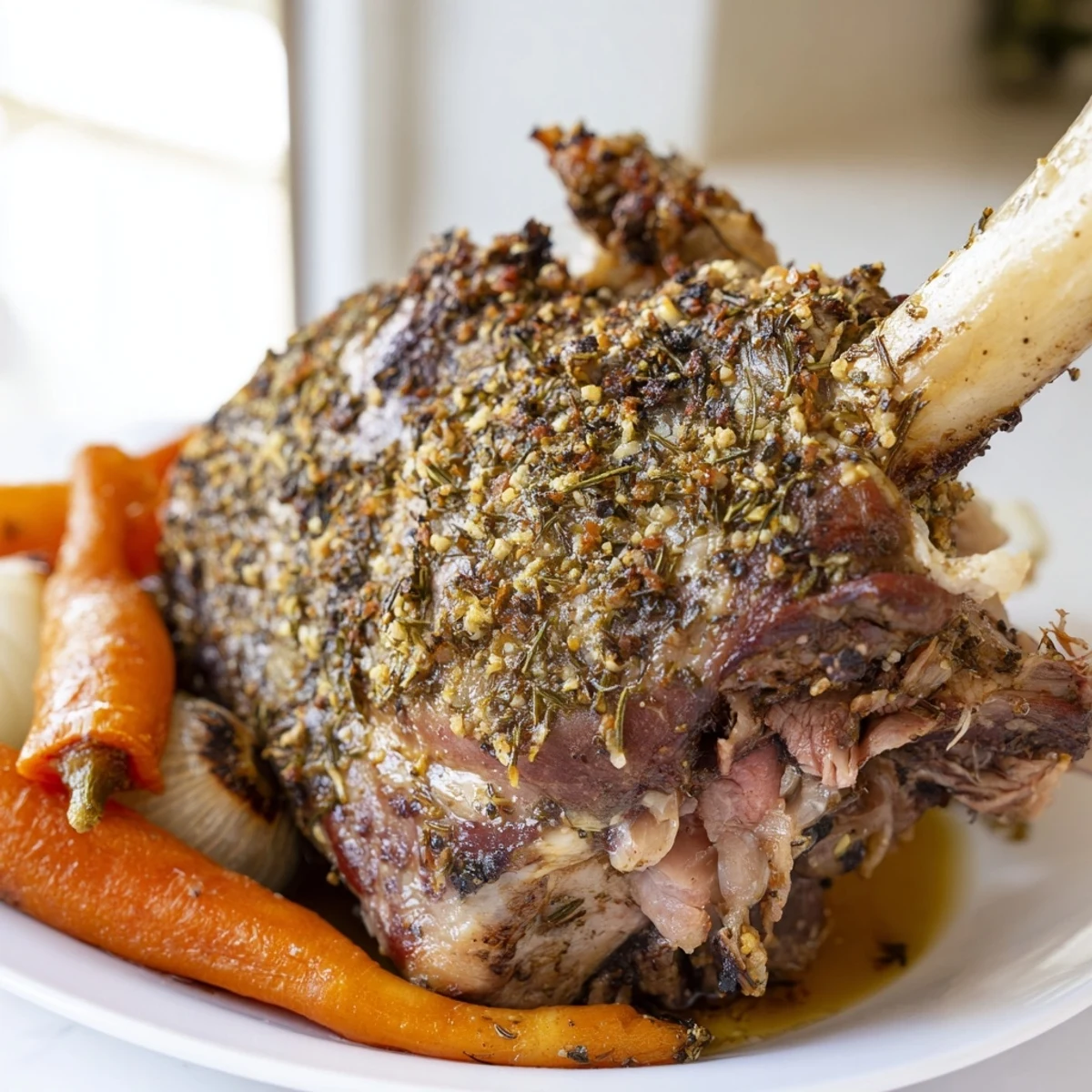 A golden-brown lamb shoulder rests with roasted carrots and onions, drizzled with pan juices.