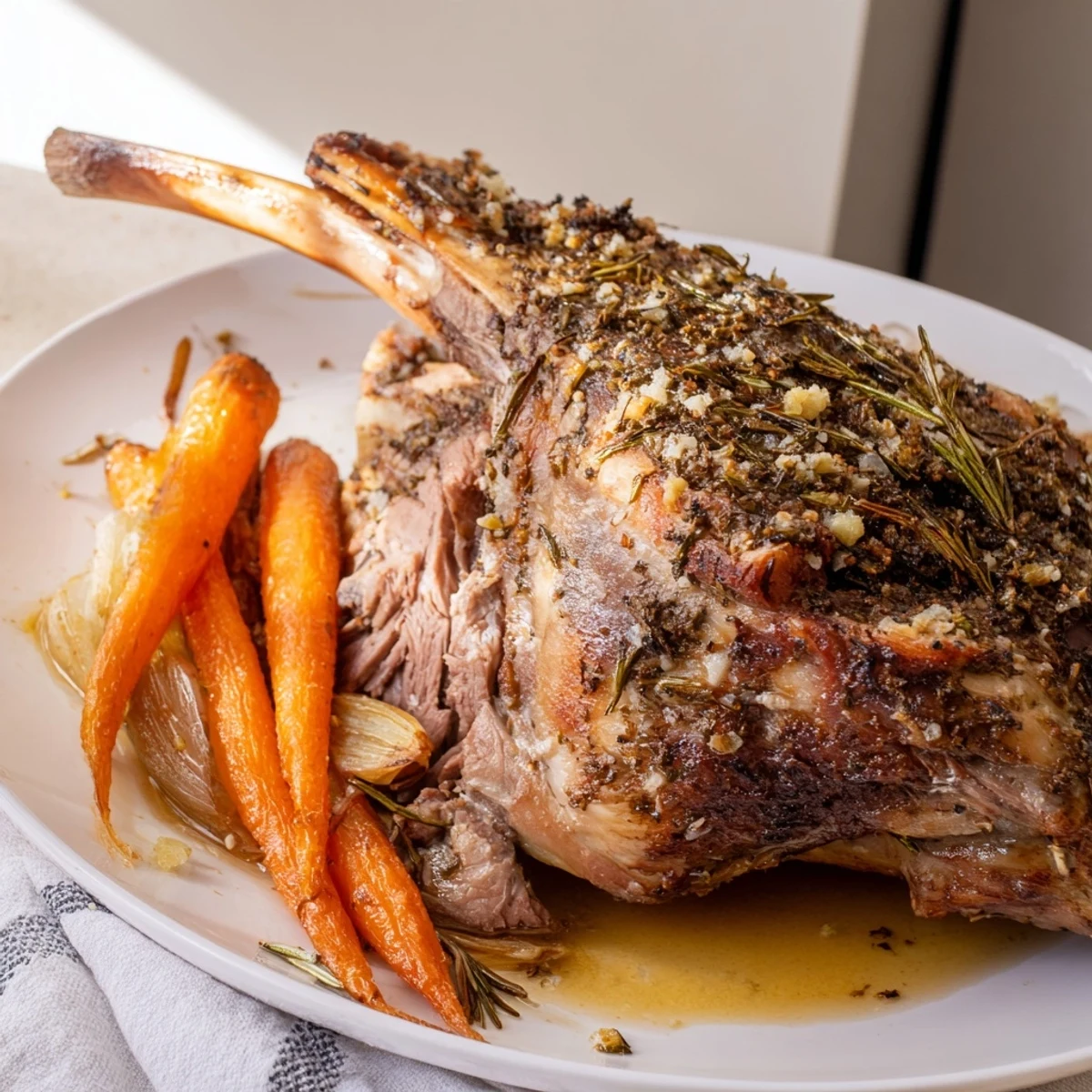 Slow roasted lamb shoulder glistens with herbs and lemon zest, served with tender vegetables.