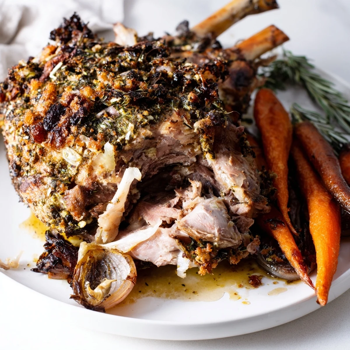 A rustic platter of slow roasted lamb shoulder with fresh rosemary and thyme sprigs.