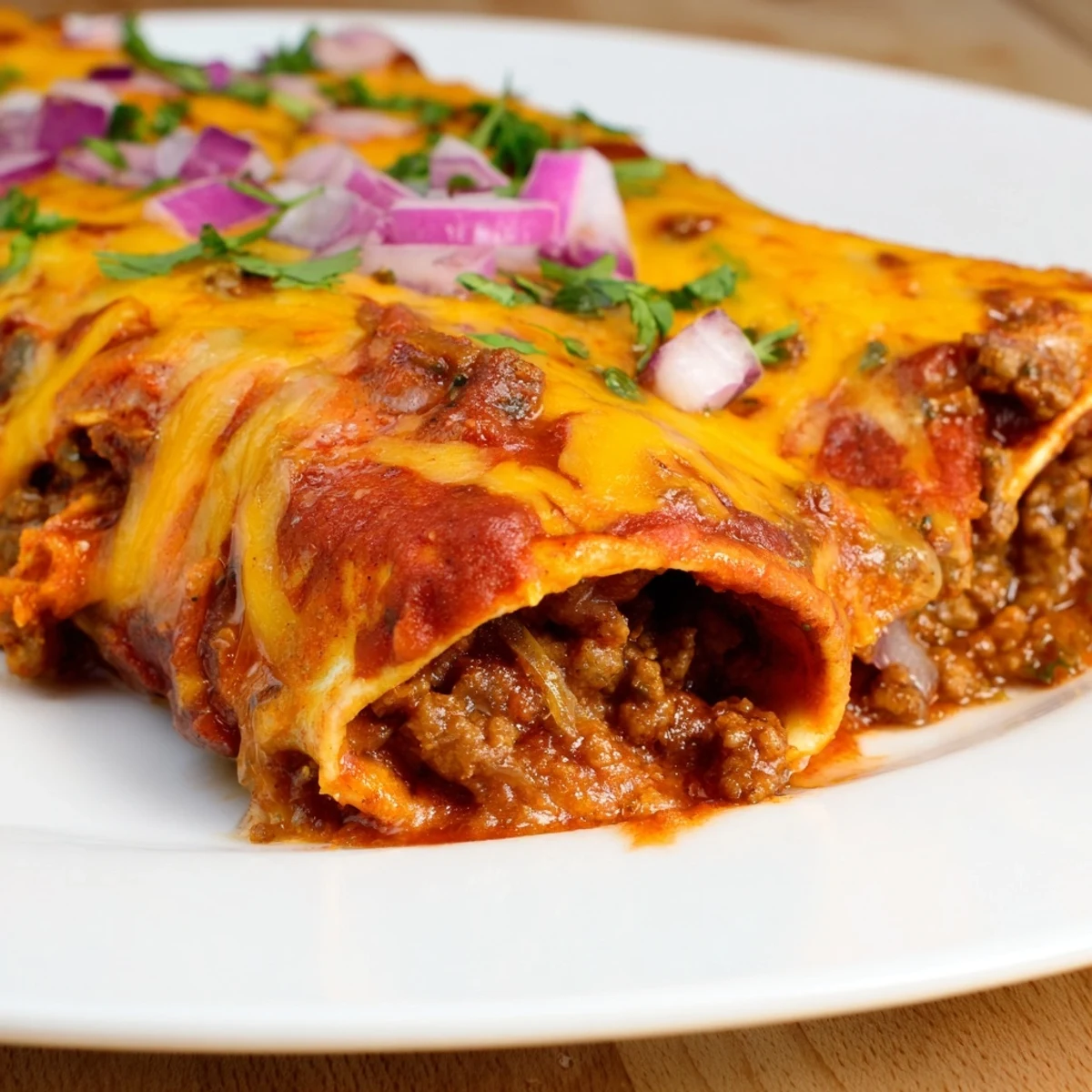 Freshly baked Beef Enchiladas with Homemade Red Sauce bubbling with melted cheese, served hot in a casserole dish.
