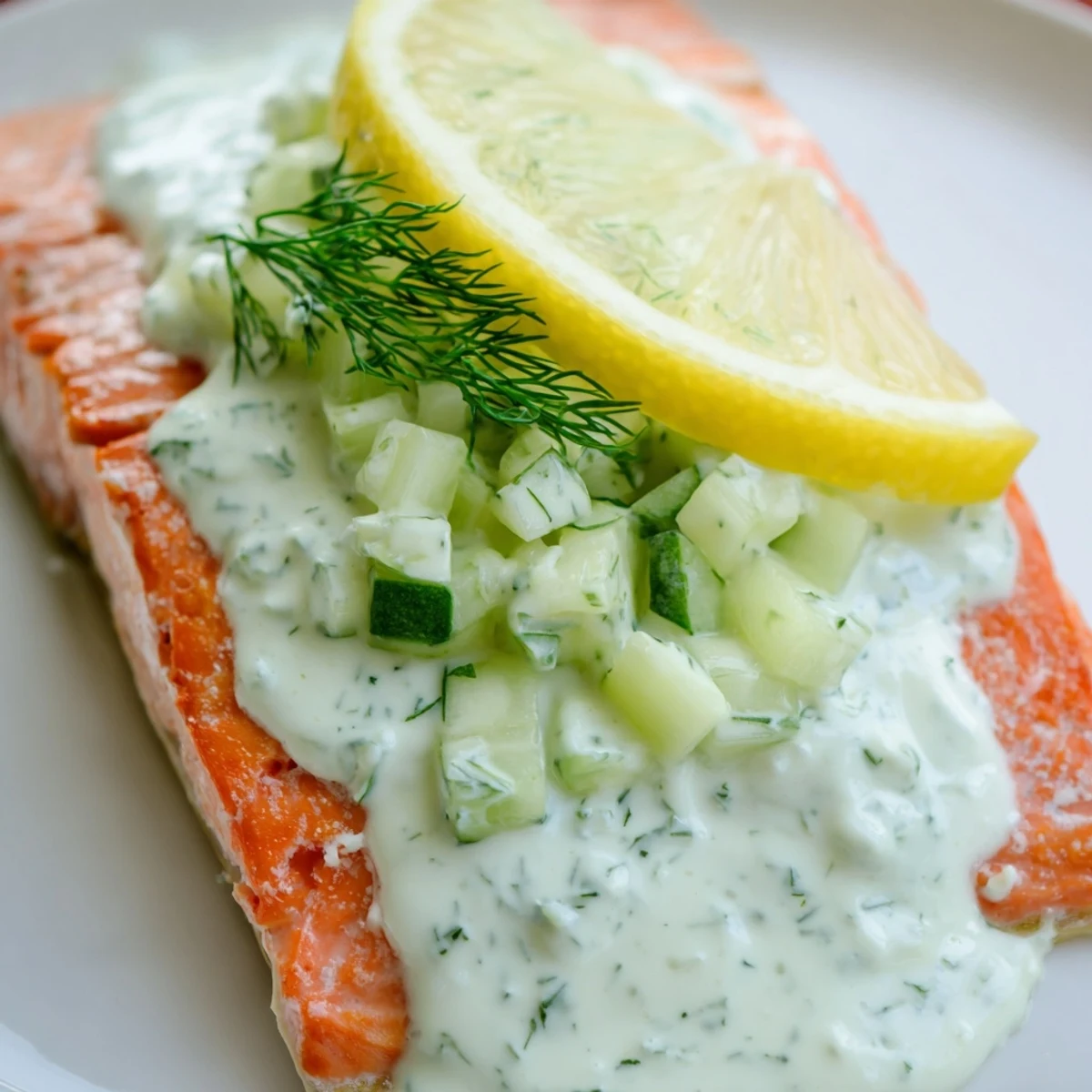 Tender Baked Salmon with Dill and Cucumber Yogurt ready to eat, garnished with fresh herbs on a white plate.