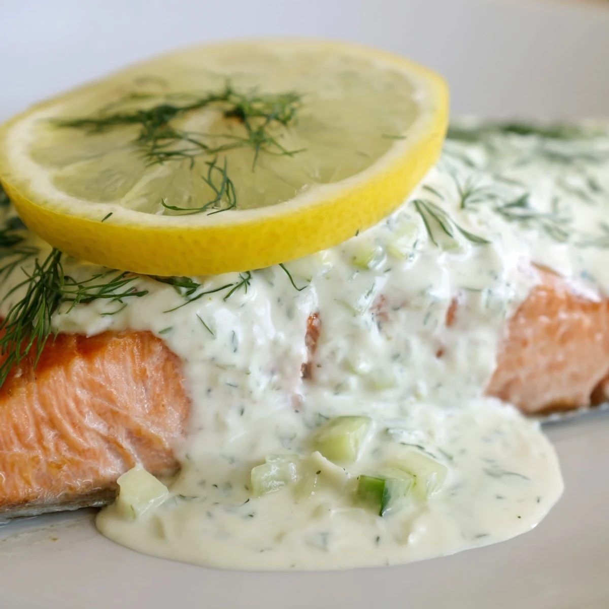 Close-up of juicy Baked Salmon with Dill and Cucumber Yogurt, highlighting the flaky texture and vibrant green sauce.
