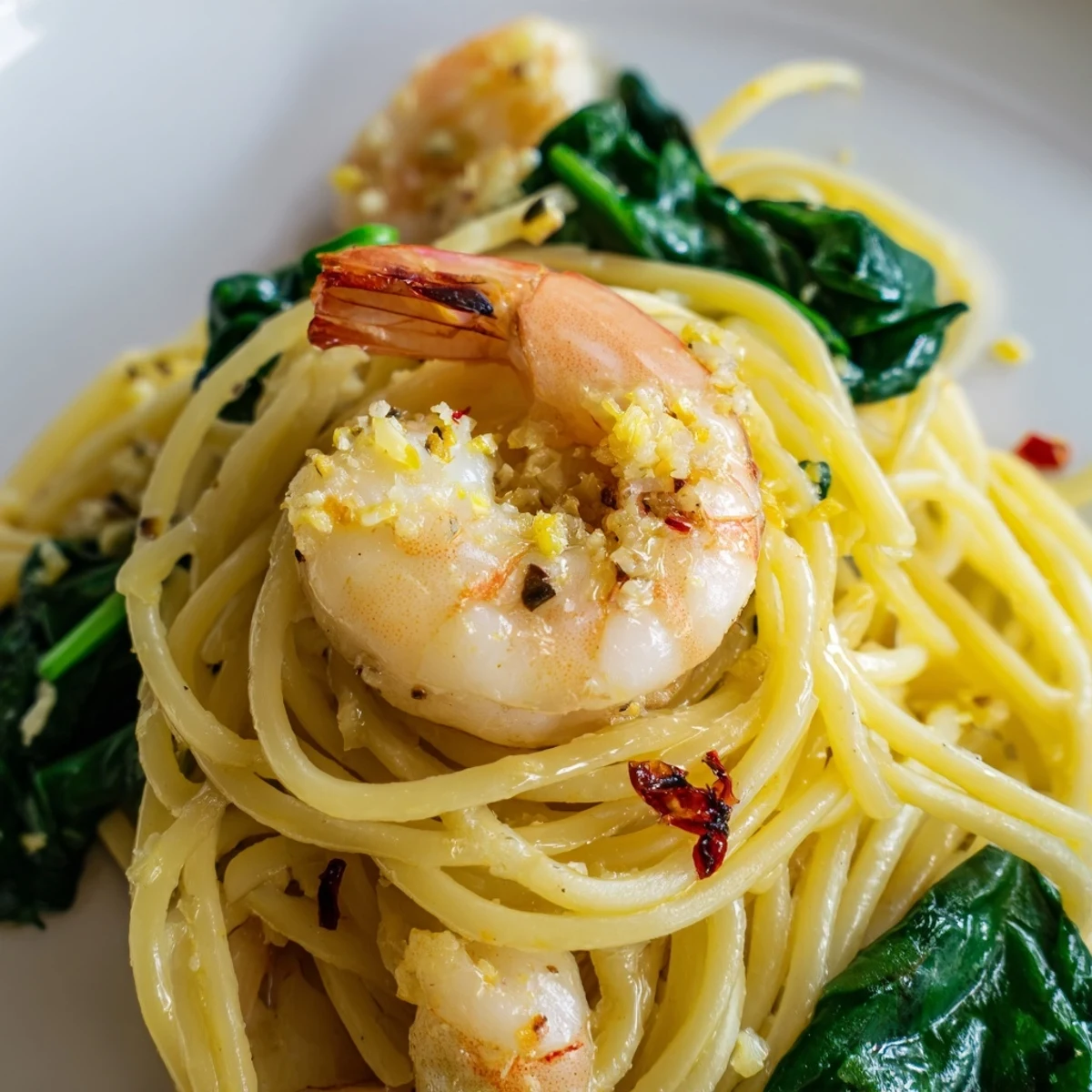 Close-up of Lemon Garlic Shrimp Pasta with Spinach, showing juicy shrimp, garlic pieces, and fresh parsley sprinkled over steaming linguine.