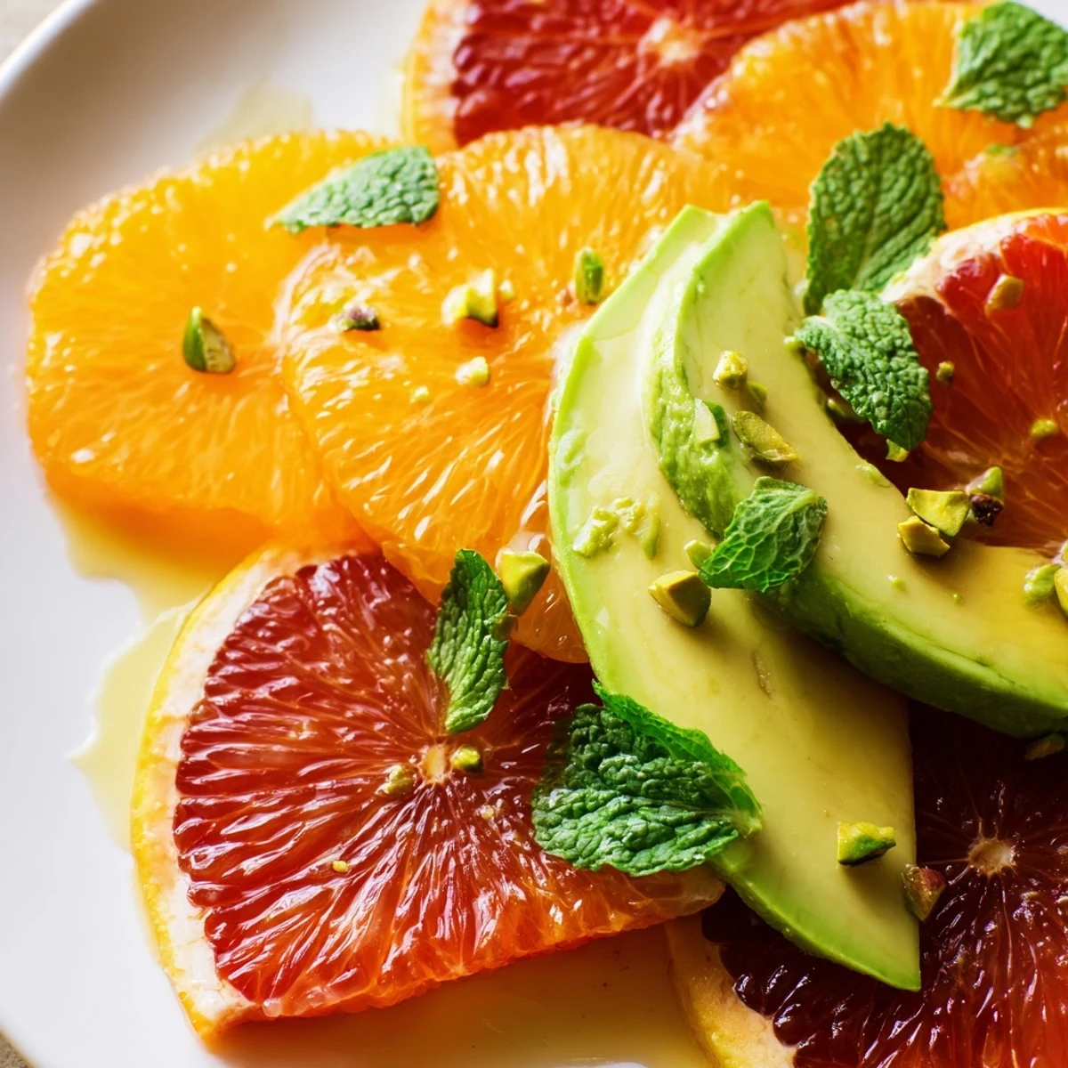 Winter citrus salad with avocado and mint arranged beautifully, juicy blood orange slices fanned beside creamy avocado and fresh herbs.