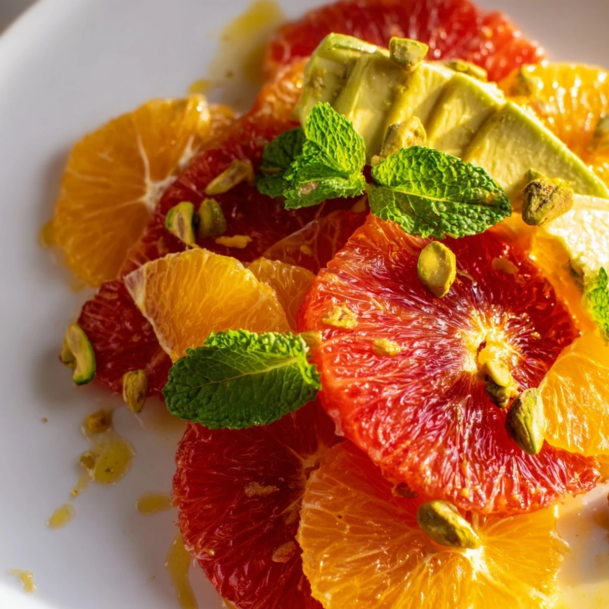 A vibrant bowl of winter citrus salad with avocado and mint, topped with toasted almonds and ready for a healthy lunch.