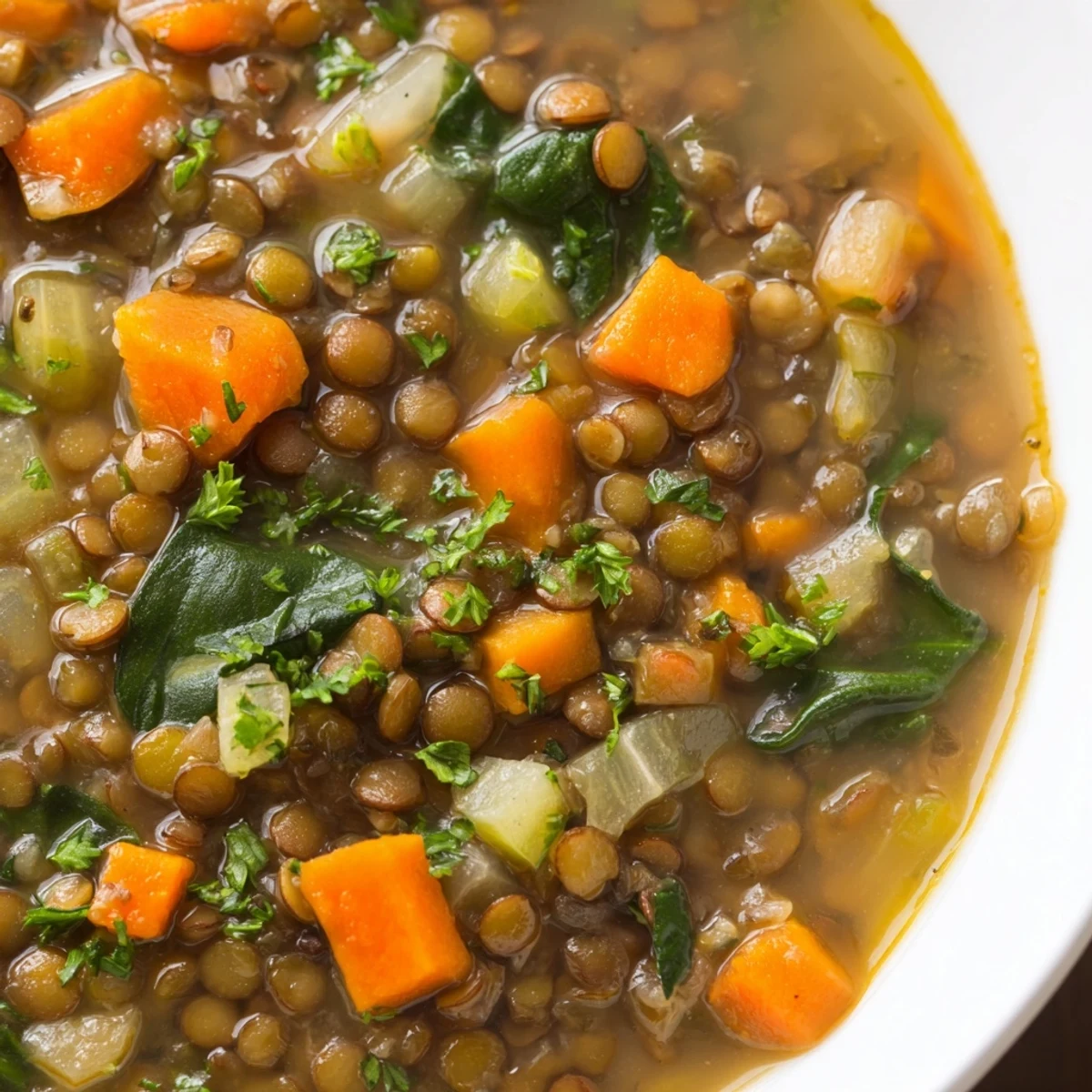 Vibrant bowl of Hearty Lentil Soup with Spinach and Lemon, topped with fresh parsley and a lemon wedge.