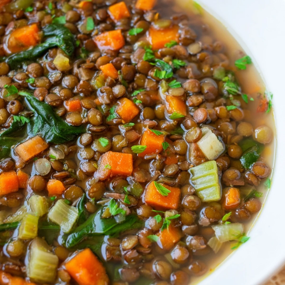 Steaming pot of Hearty Lentil Soup with Spinach and Lemon, featuring tender vegetables and wilted greens.